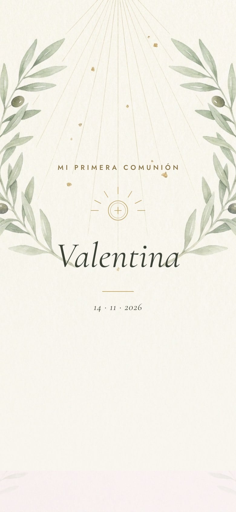 Portada de una invitación de primera comunión: ramas de olivo en acuarela sobre papel claro.