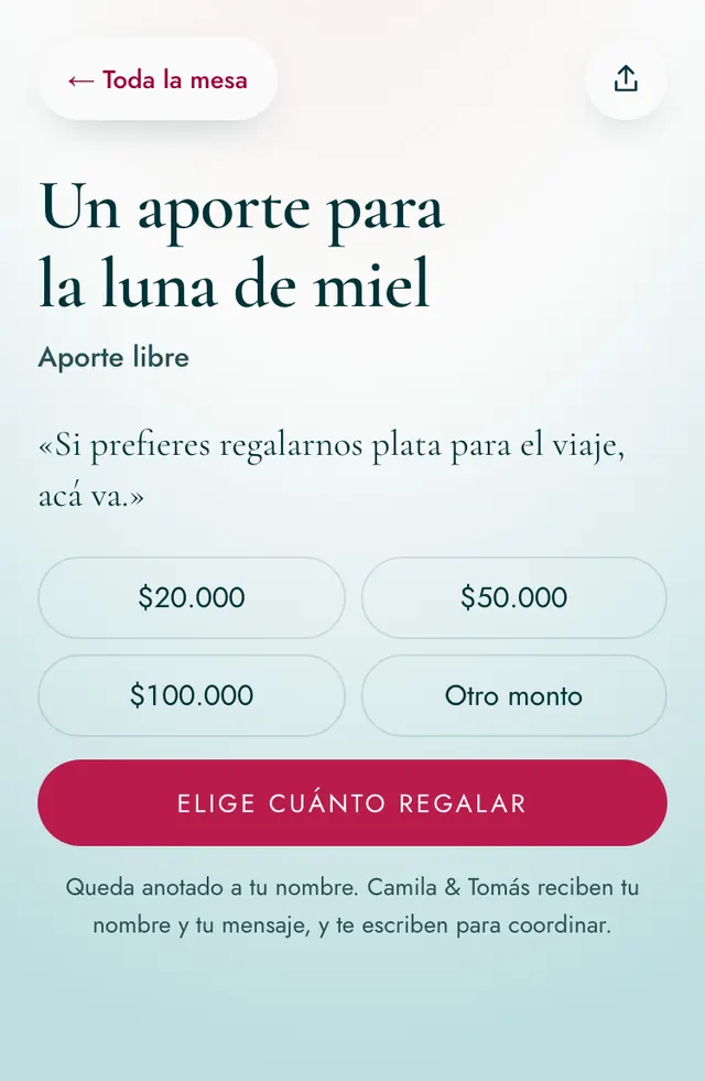 Página de un regalo con montos sugeridos y el botón para elegir cuánto regalar.