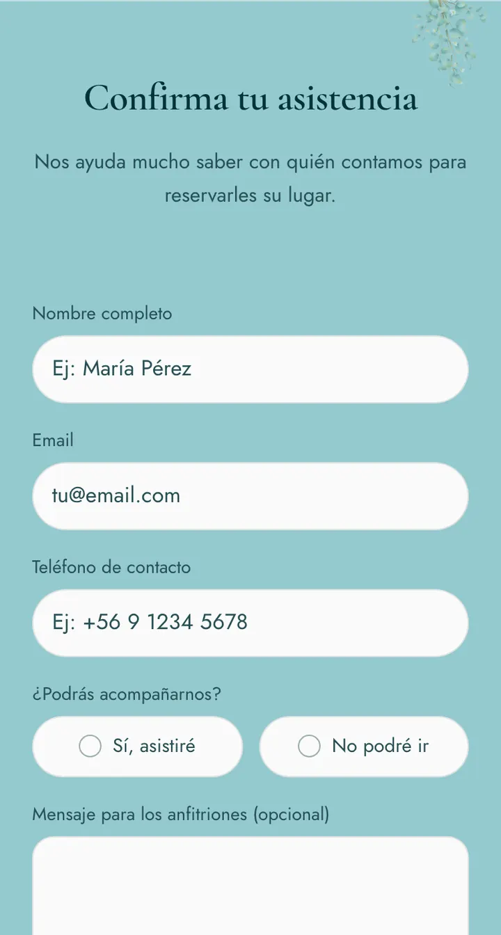 Formulario de confirmación de una invitación real: nombre, correo, teléfono y si asiste.